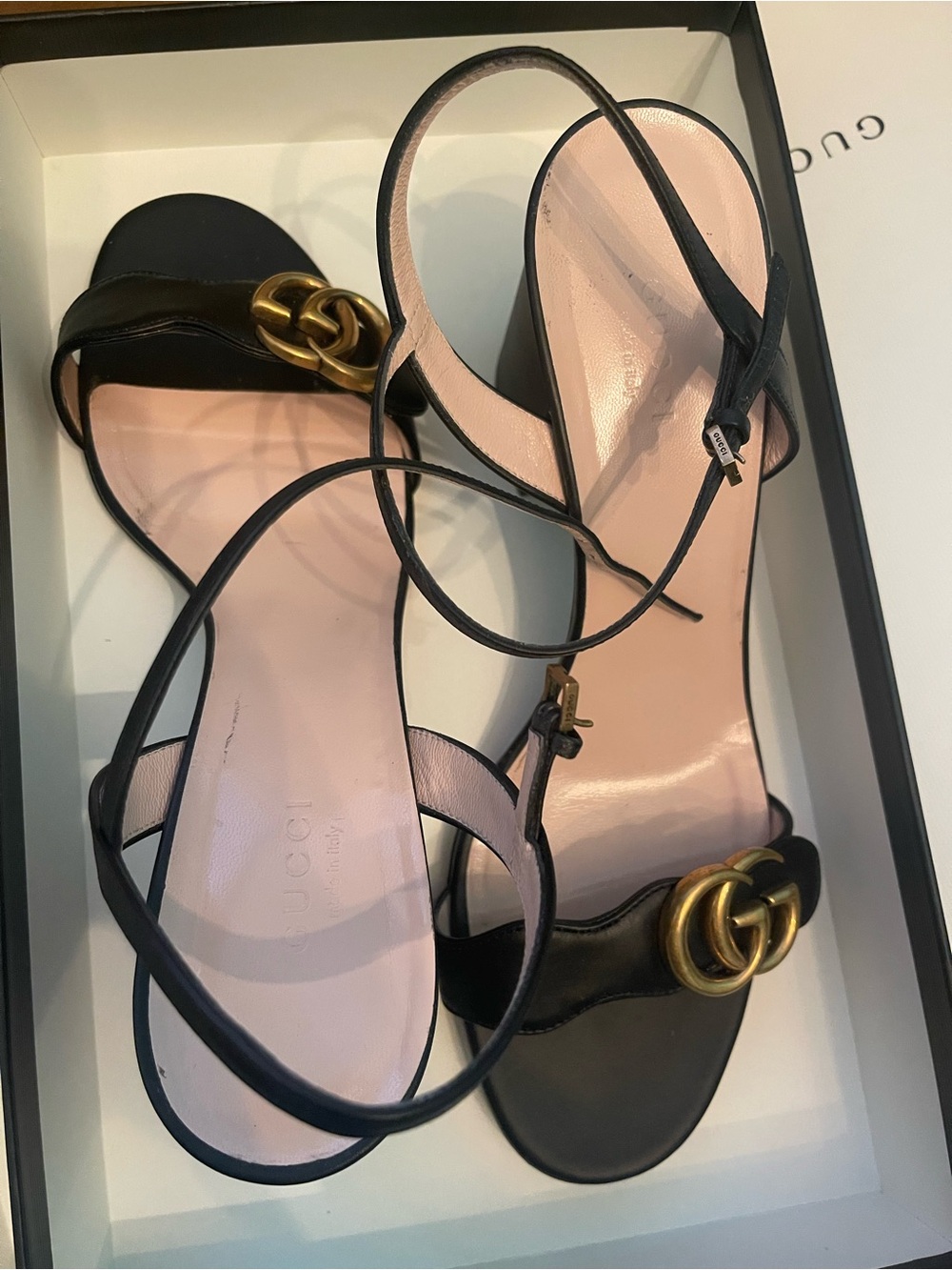 Gucci Black Leather Mid-Heel Slingback Sandals with Gold GG
